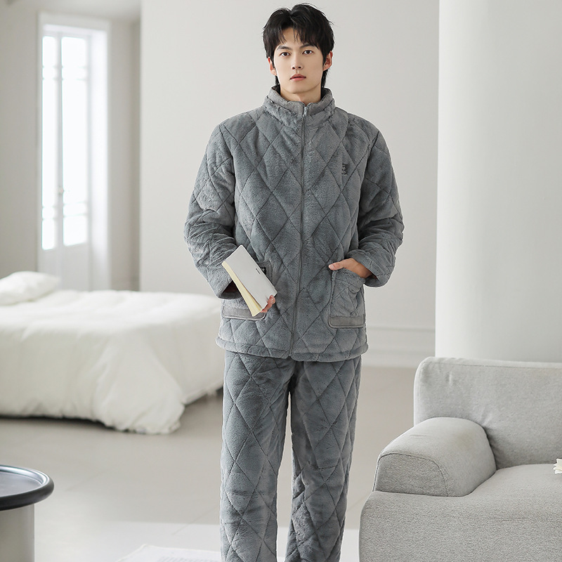 (2개) 제조사 겨울 신상품 재고 직판, 남성용 누빔 잠옷, 따뜻하고 편안함, 라운드 넥 가디건, 가정복, 야외에서 착용 가능