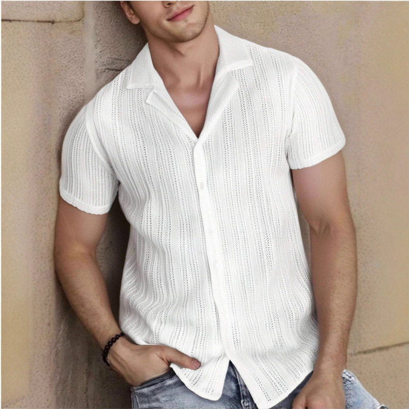 European and American Men's Casual Knitted Cardigan Spring and Autumn Cool Hollow-Out Short-Sleeved Men's Shirt Men's White Top
