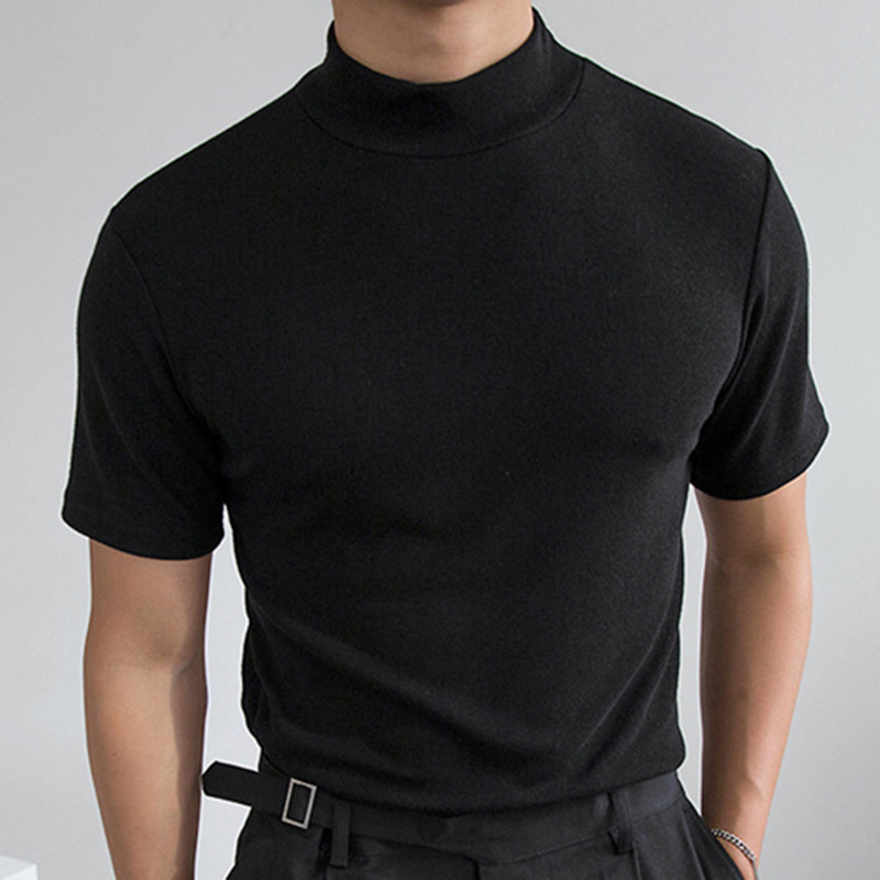 국경 간 AliExpress 남성 재고 2024 여름 단색 반팔 유행베이스 셔츠 남성용 타이트 하이 칼라 티셔츠