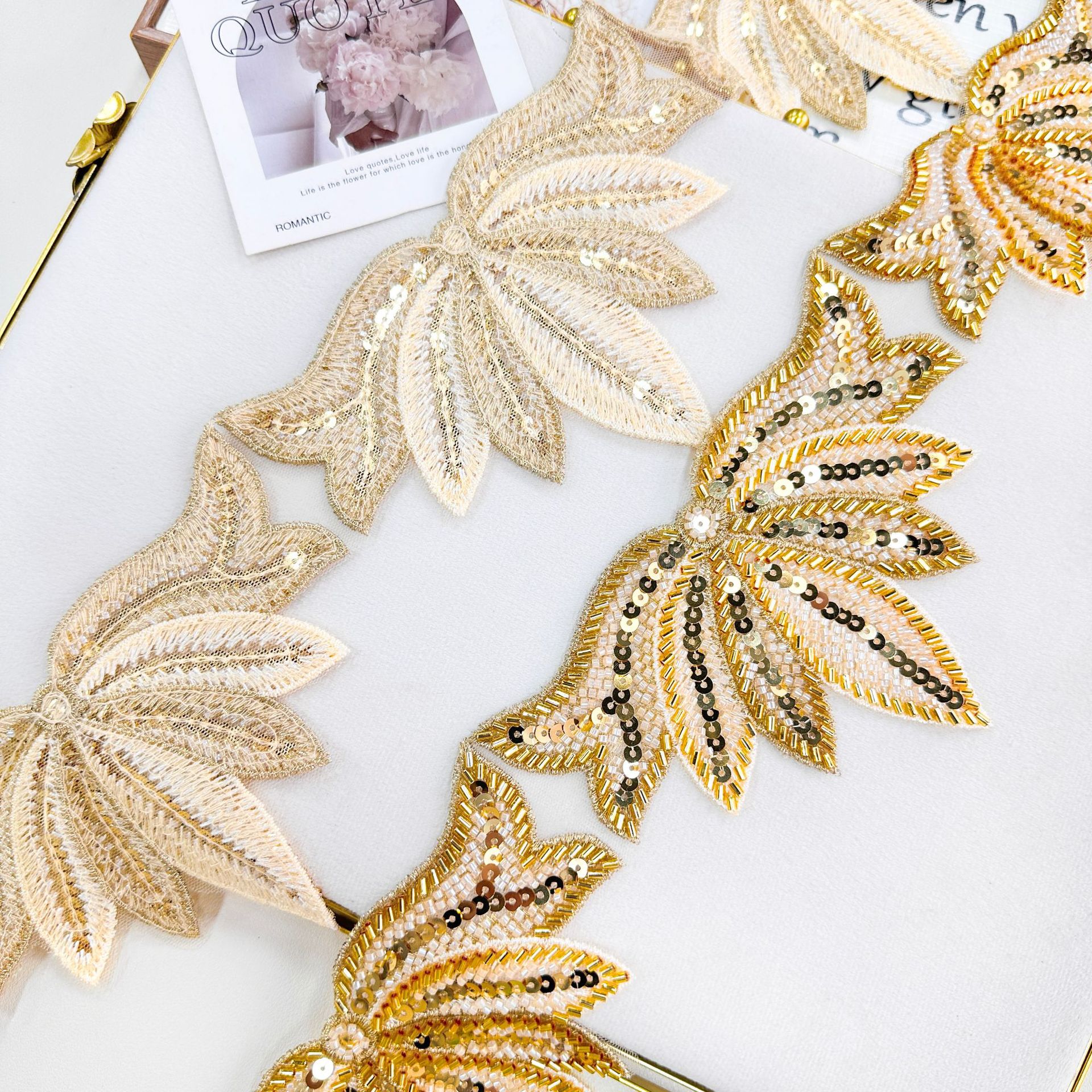 Mesh cuentas sequinilla bordado parche hojas de oro fondo de malla falda hogar ropa bolsa decoración DIY
