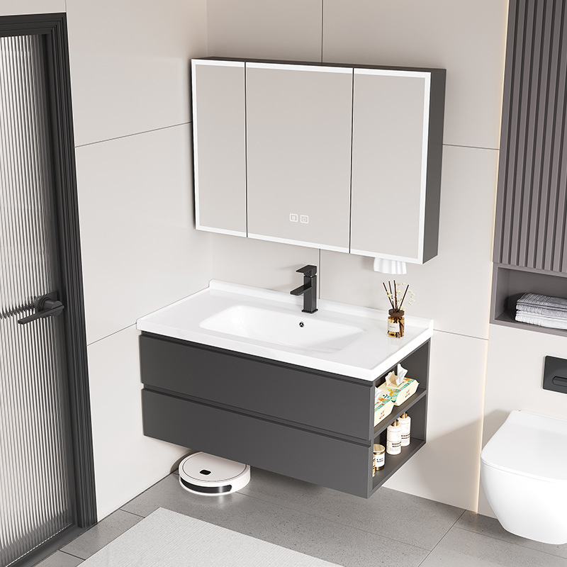 Cream Style Side Storage Bathroom Cabinet Ceramic Integrated Basin Side Cabinet Bathroom Wash Basin Combination