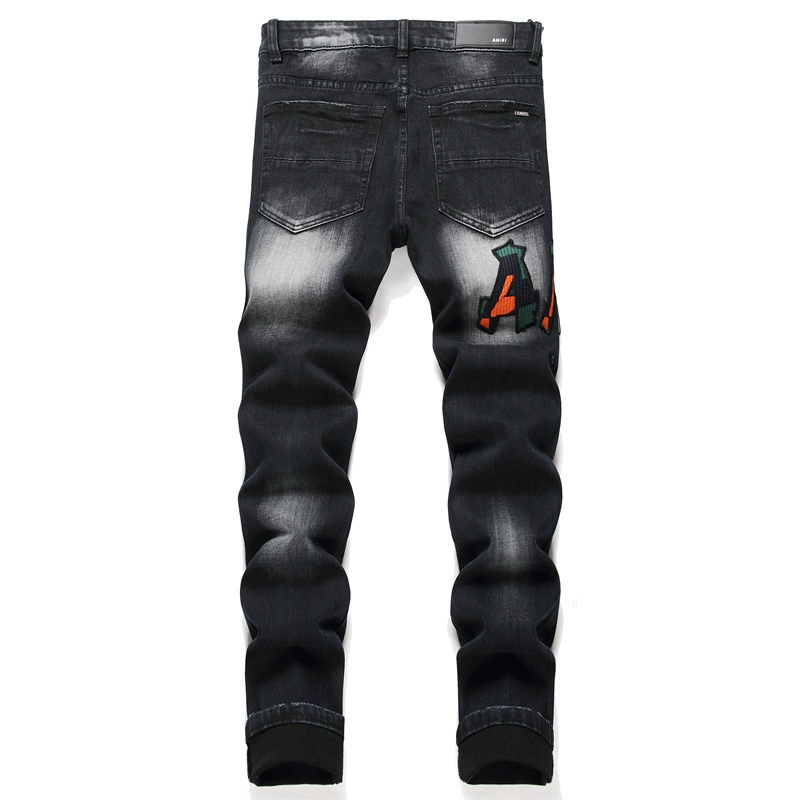 Black elastic badge, jeans, with embroidery, mid rise