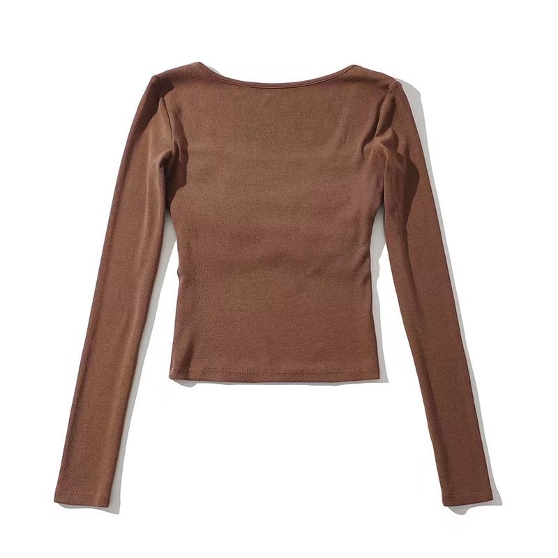 Pleated Solid Color Square Collar Long-Sleeved Slim Top NSAM114824