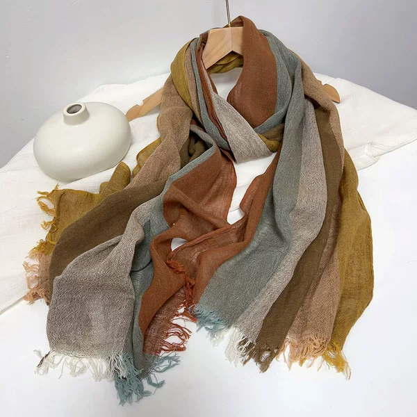 Spring and Summer Thin Cotton and Linen Striped Scarf Artistic All-match Soft Neck Protection Scarf Women's Travel Shawl 2023 New Product