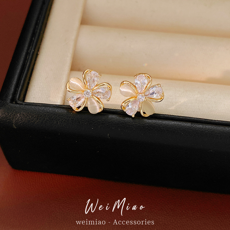 18k oro real chapado agujas de plata zircon piedra de ojo de gato pernos de flores delicados pendientes de aretes de lujo ligero de alto nivel image 4