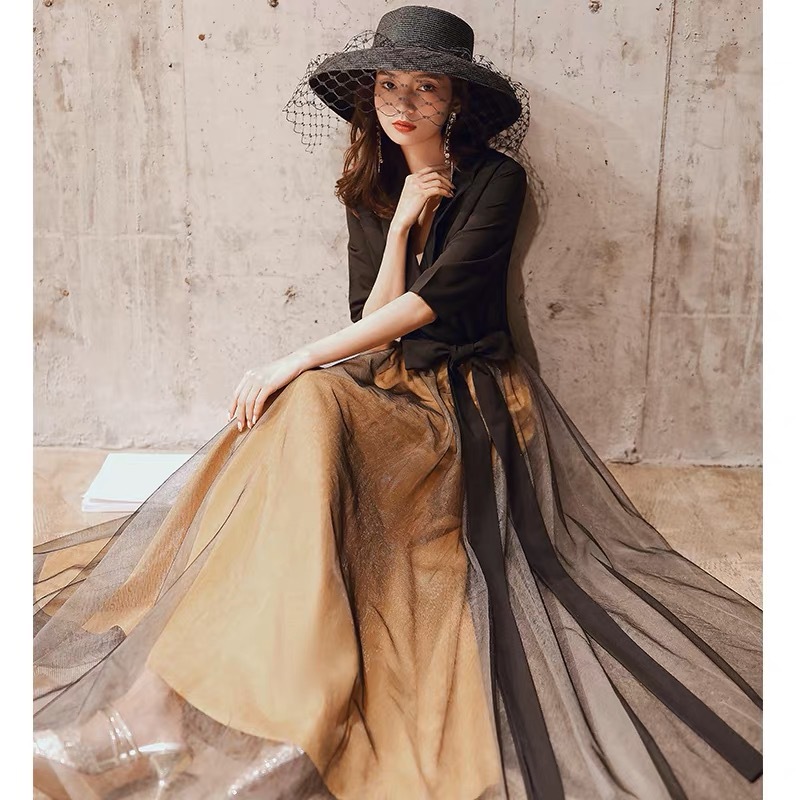 Black evening dress women's banquet light luxury high-end dress usually can wear winter chorus performance Command Uniform