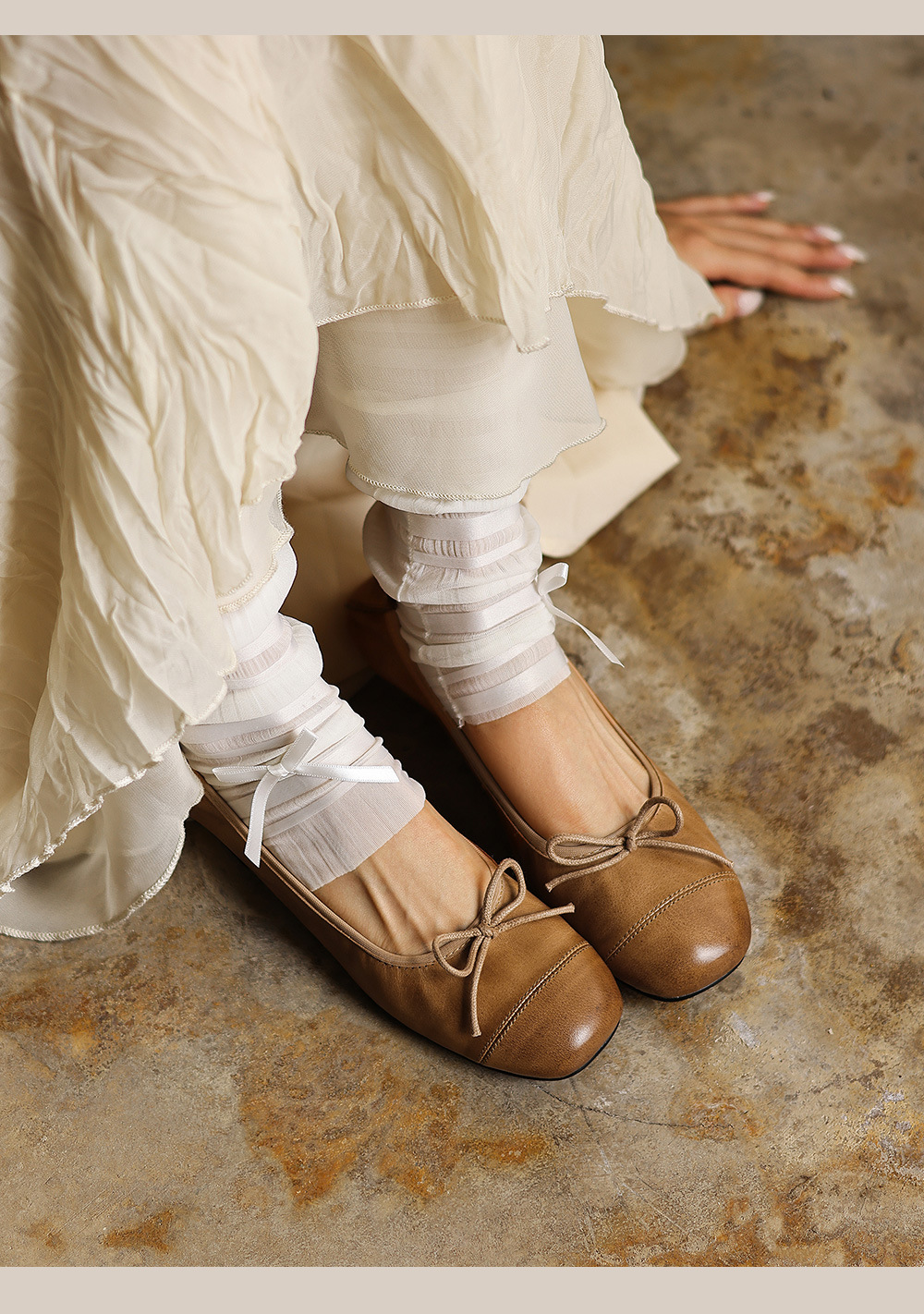 Giày ballet nữ mũi tròn da bò mềm, kiểu trứng cuộn, cổ nông — đen chi tiết 10