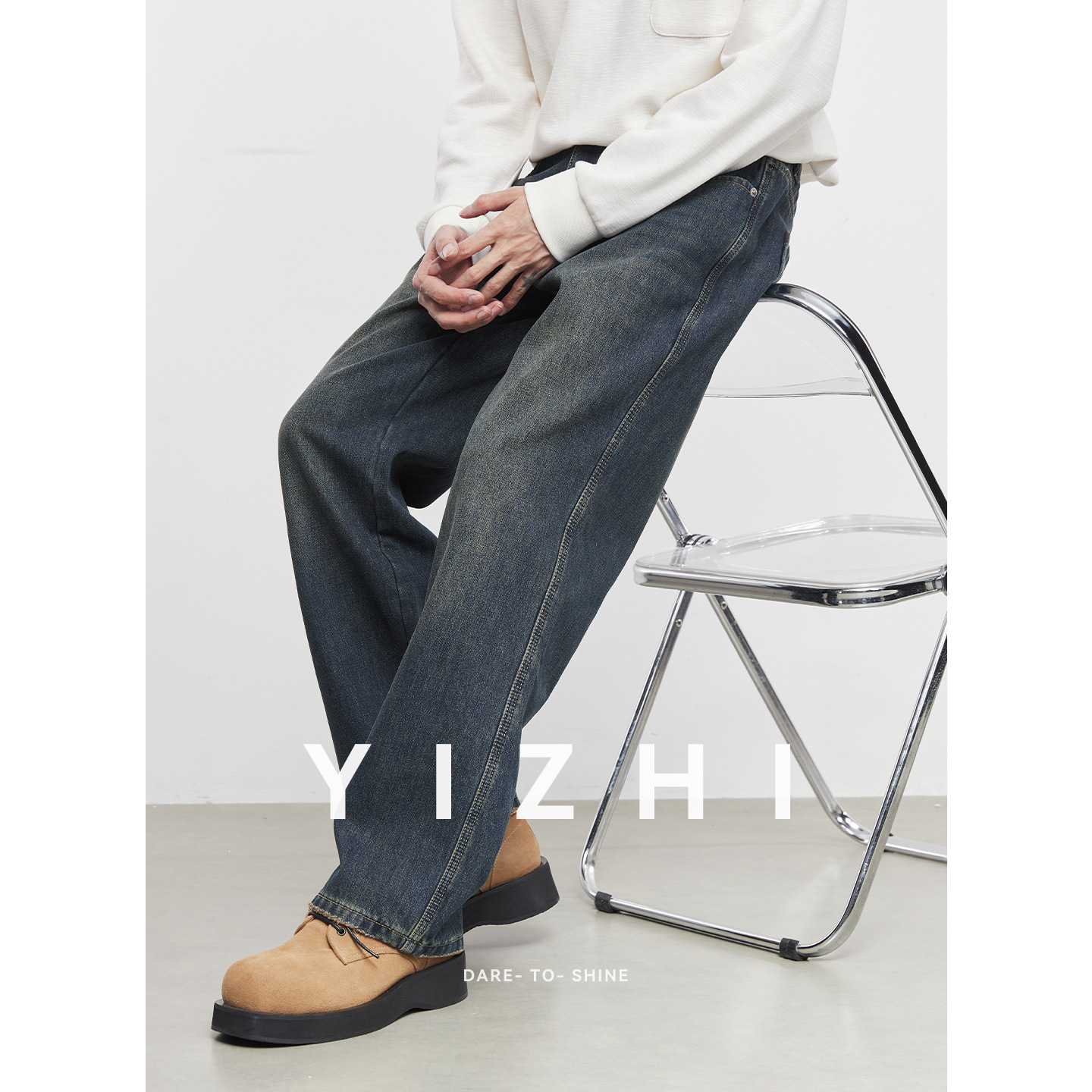 亦止『复型』男士复古加绒直筒牛仔裤秋冬宽松休闲潮流做旧阔腿裤