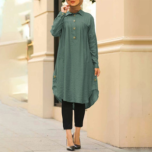 Muslim Quality 2021 Summer Artistic National Style Retro Women's Clothing Cotton and Linen Pullover Shirt Collar A- line Skirt
