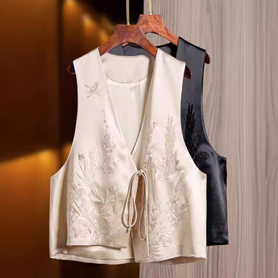 중국 틈새 레이스 업 조끼 재킷 2024 여름 새로운 스타일 중공업 속은 국가 스타일 Acetic Acetic Fashionable Vest