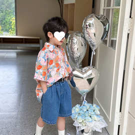 男童夏装开衫港风花衬衫2023新款中大童复古短袖痞帅男孩衬衣上衣