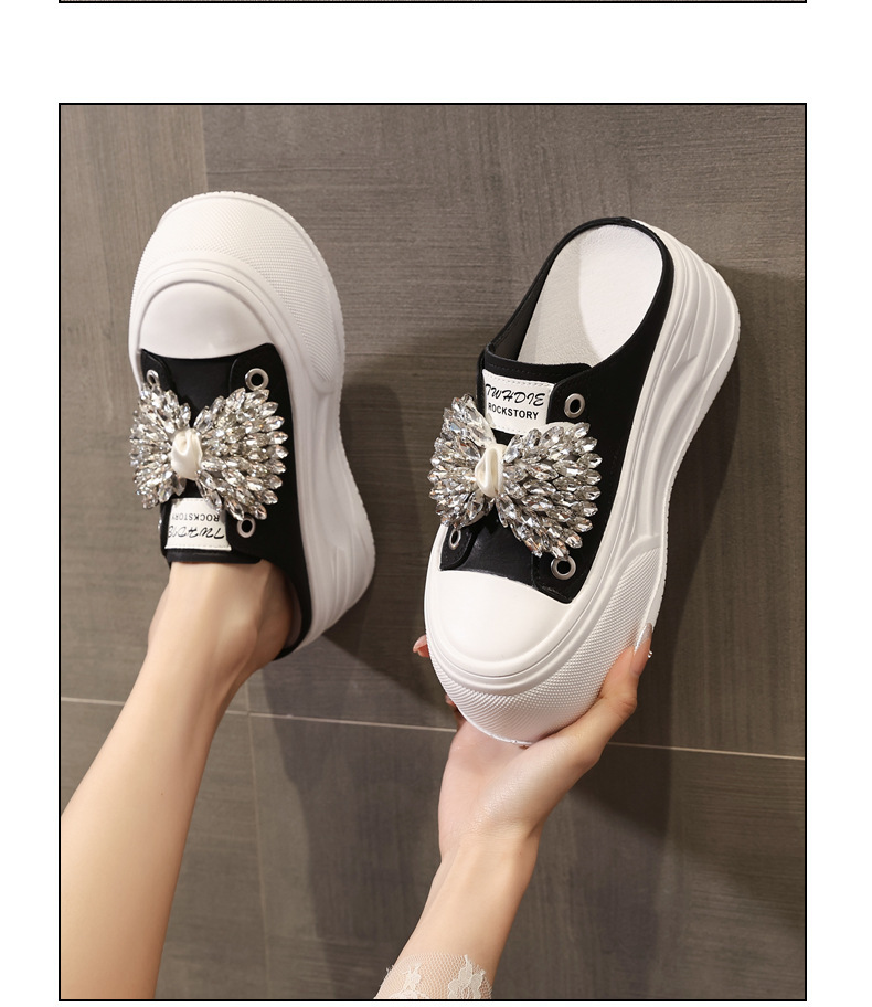 Dép nữ đế dày tăng chiều cao mũi trùm đính đá phong cách casual — màu đen, màu trắng, màu vàng chi tiết 12