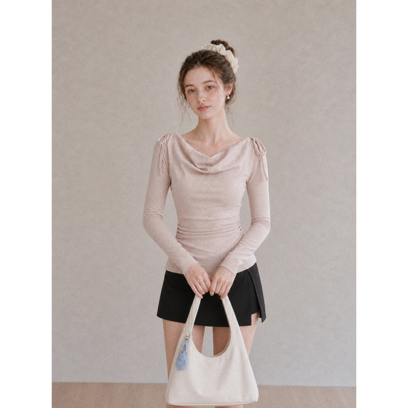 Autumn new French-style, pure and elegant, off-the-shoulder T-shirt for women, slim-fit, with shoulder ties, cashmere blend, long-sleeved top Autumn new French-style, pure and elegant, off-the-shoulder T-shirt for women, slim-fit, with shoulder ties, cashmere blend, long-sleeved top