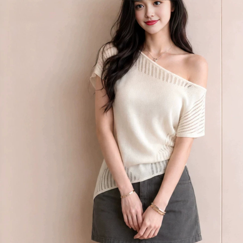 Korean-Style Simple Solid Color Asymmetrical Knit Top for Women, New Summer Design, Elegant and Slimming, Versatile Top Korean-Style Simple Solid Color Asymmetrical Knit Top for Women, New Summer Design, Elegant and Slimming, Versatile Top
