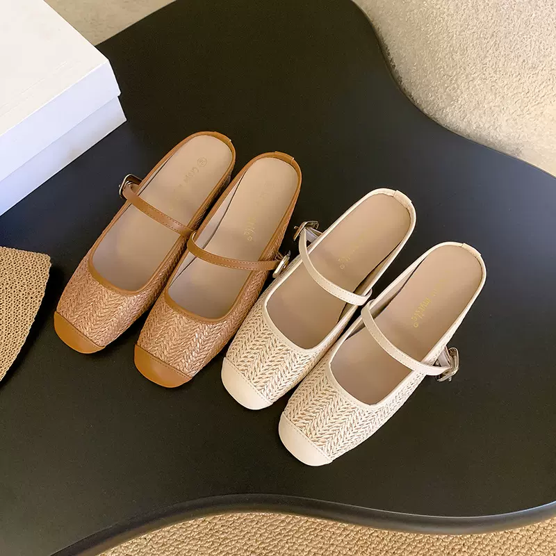 葡萄妈夏季复古编织镂空方头一字带粗跟凉拖穆勒半拖鞋女外穿