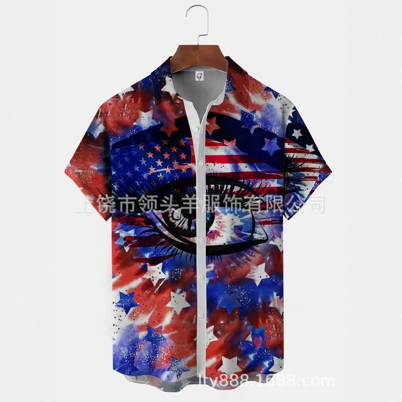 Cross-Border Supply Men's American Flag Themed Printed Shirt, Large Size Loose European and American Style Casual Cardigan Top Cross-Border Supply Men's American Flag Themed Printed Shirt, Large Size Loose European and American Style Casual Cardigan Top