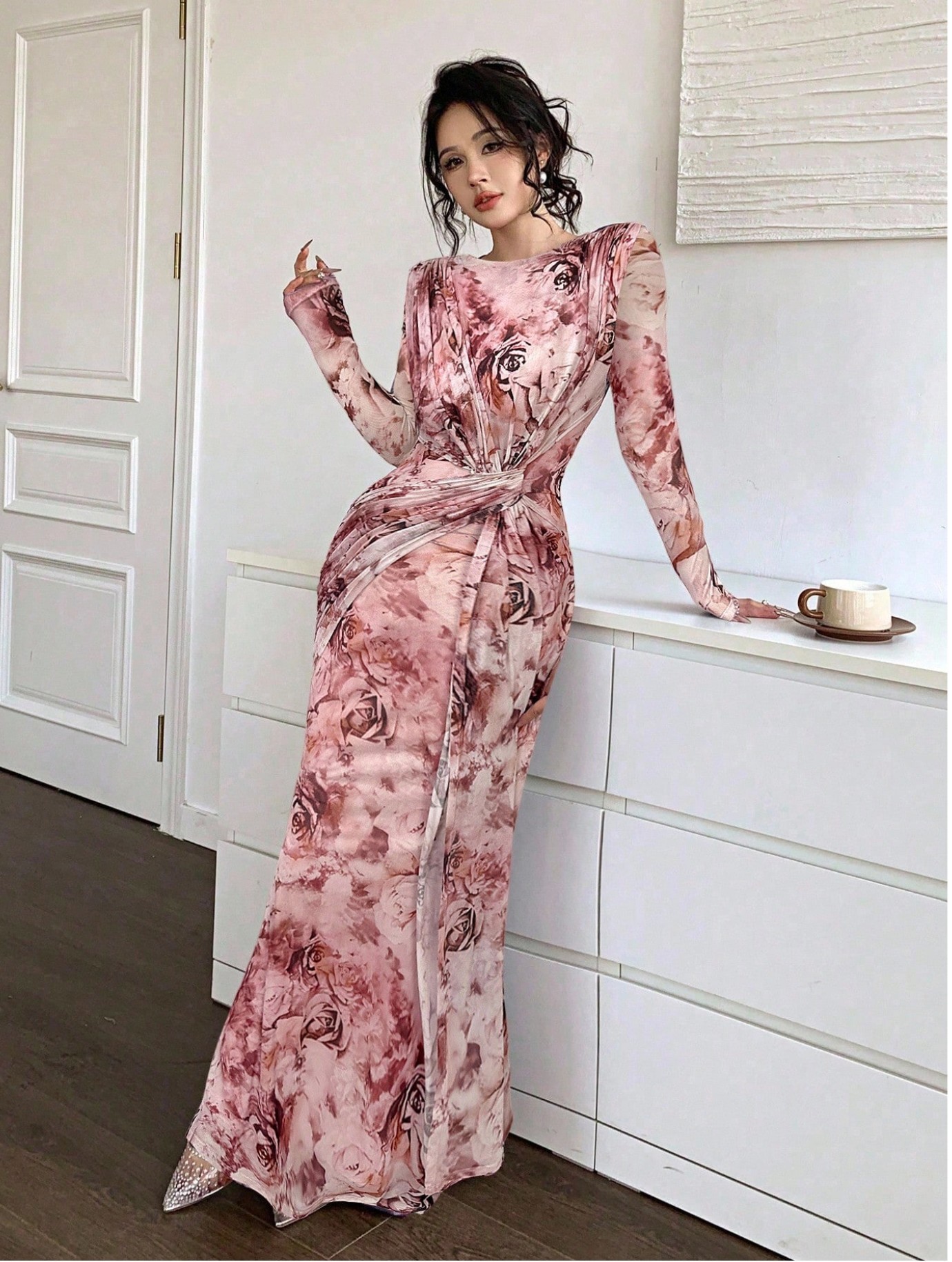 Summer Women's U Neck Long Sleeve Patchwork Slim Fit Printed Maxi Dress_ecoleips.com