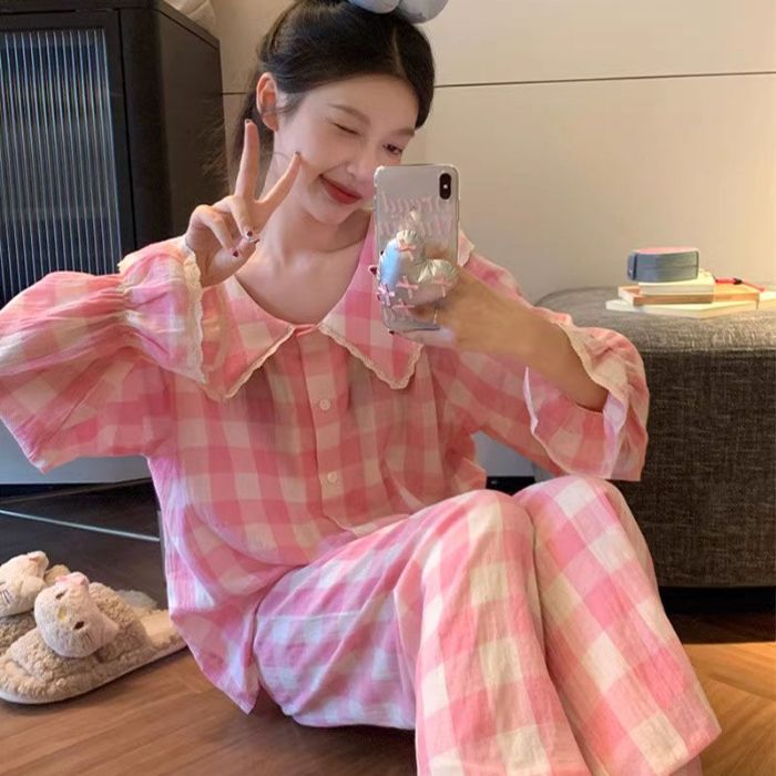 Transfronterizos para mujeres coreanas dulce muñeca cuello cuadrado color contraste gran solapa encaje pijama de manga corta ropa de hogar para mujeres de verano