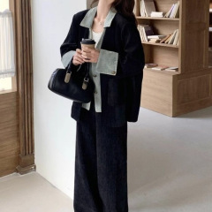 韩版感牛仔拼接西装外套阔腿裤两件套女春秋季新款西装套装