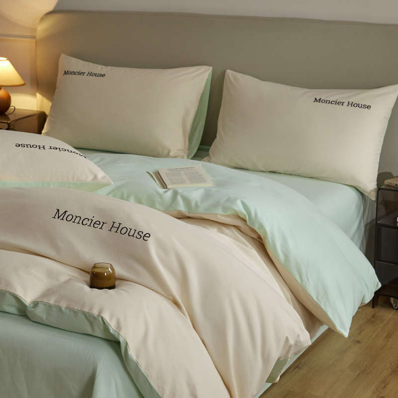 Una clase de otoño y invierno algodón abrasión cuatro piezas cubierta bordada sábanas de color sólido cama cama de algodón grueso dormitorio tres piezas