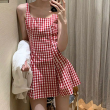 韩系少女感连衣裙女夏季新款红色格子无袖吊带裙收腰显瘦短裙子