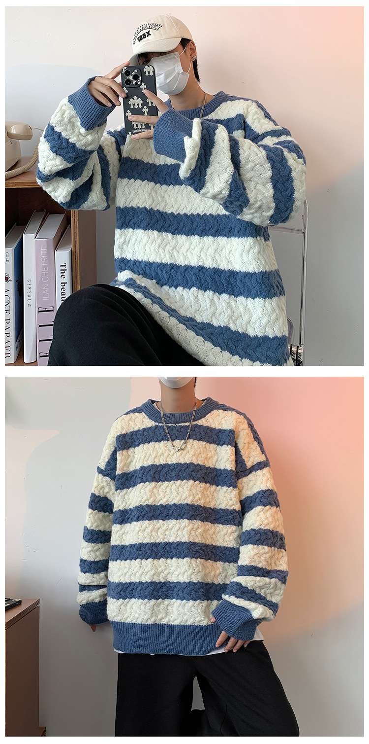 Men's Striped Sweater For Men Oversized Crew Neck Knit Jumper_voghion.com
