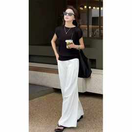 设计感显瘦夏季新款简约纯色韩版2025净版打底衫搭配阔腿裤子套装