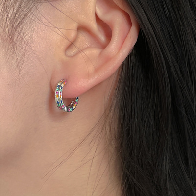 Colorful zircon circle Earrings A small minority Korean Edition fashion Light extravagance senior 925 Silver needle ins Temperament Ear Buckle New