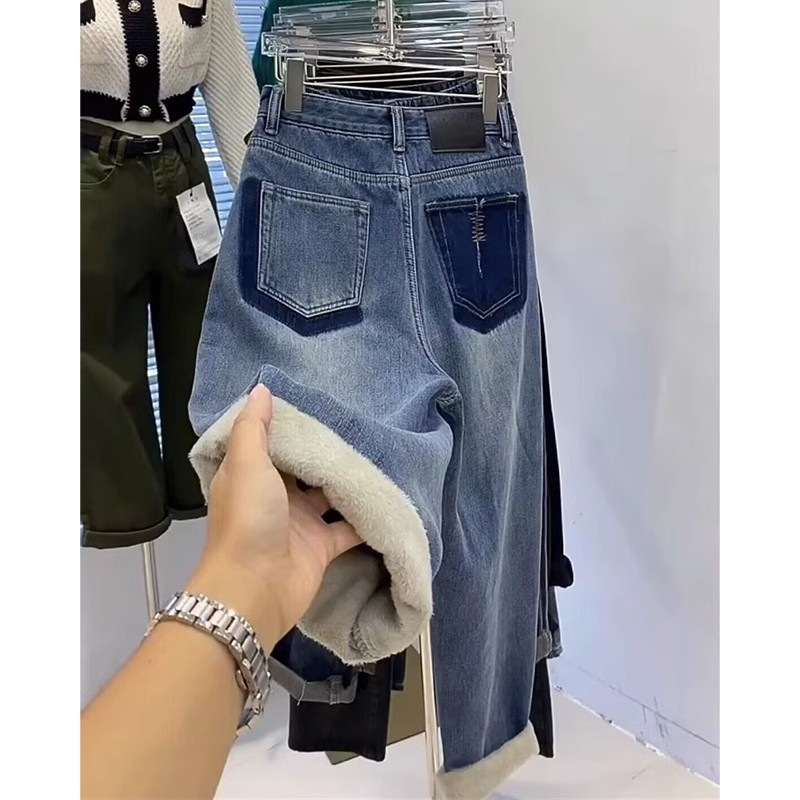 加绒加厚哈伦牛仔裤女冬季新款复古高腰宽松显瘦垂感阔腿萝卜裤子