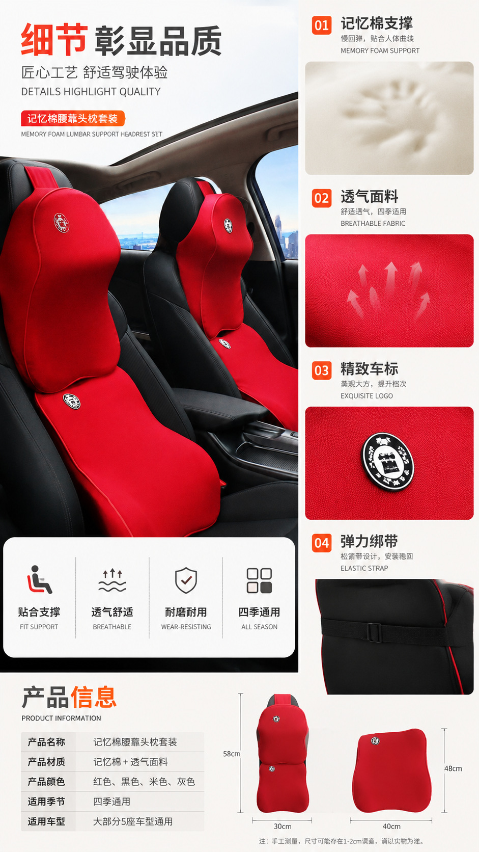 Yujun Car Memory Foam Big Neck Pillow Lumbar Pillow Car Headrest Lumbar Pillow Car Cushion Fabric Pillow Car Supplies