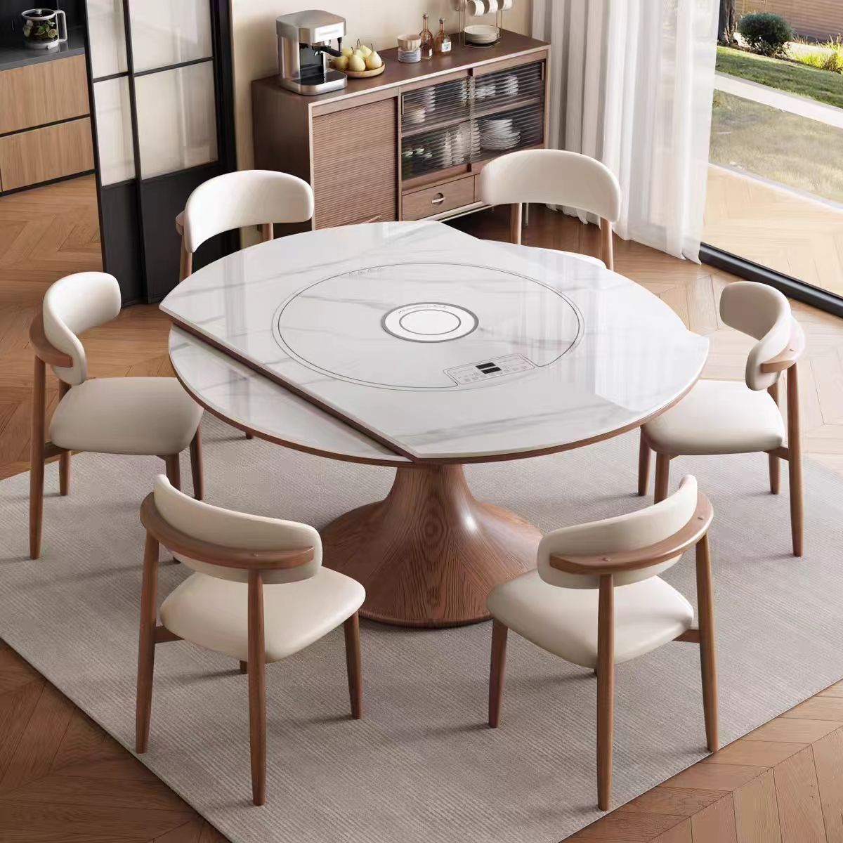 Multifunctional Slate Dining Table Induction Cooker Hot Pot Turntable Household All-In-One Dining Table Telescopic Folding Solid Wood Variable Round Table