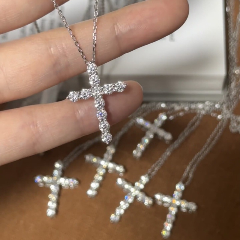S925 Sterling Silver Cross Necklace Women's French Simple Accessible Luxury Design Full Diamond Pendant Cross-Border Hot Selling Clavicle Chain