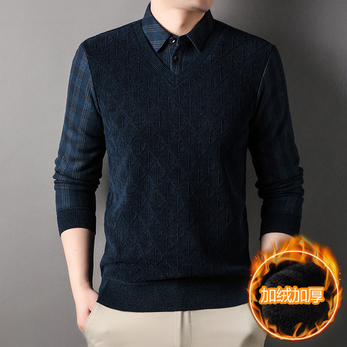 Pullover Sweaters for Men 2024, Fleece Lined and Thick, Fashionable and Warm Wool Knit Sweaters for Middle-Aged and Older Men