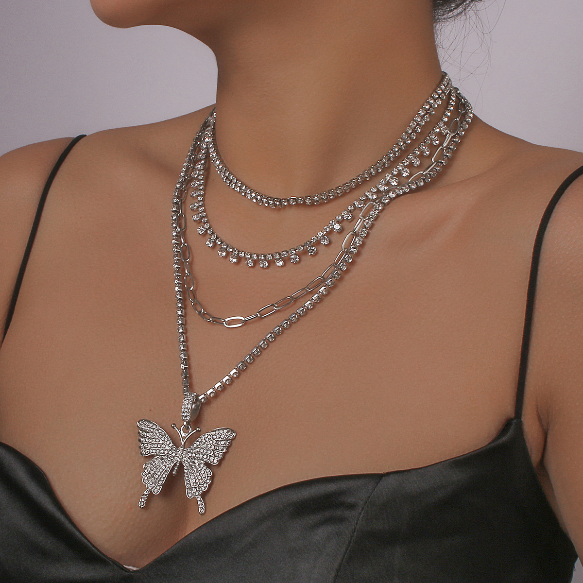 Multi-couche Papillon Plein De Diamants Collier display picture 1