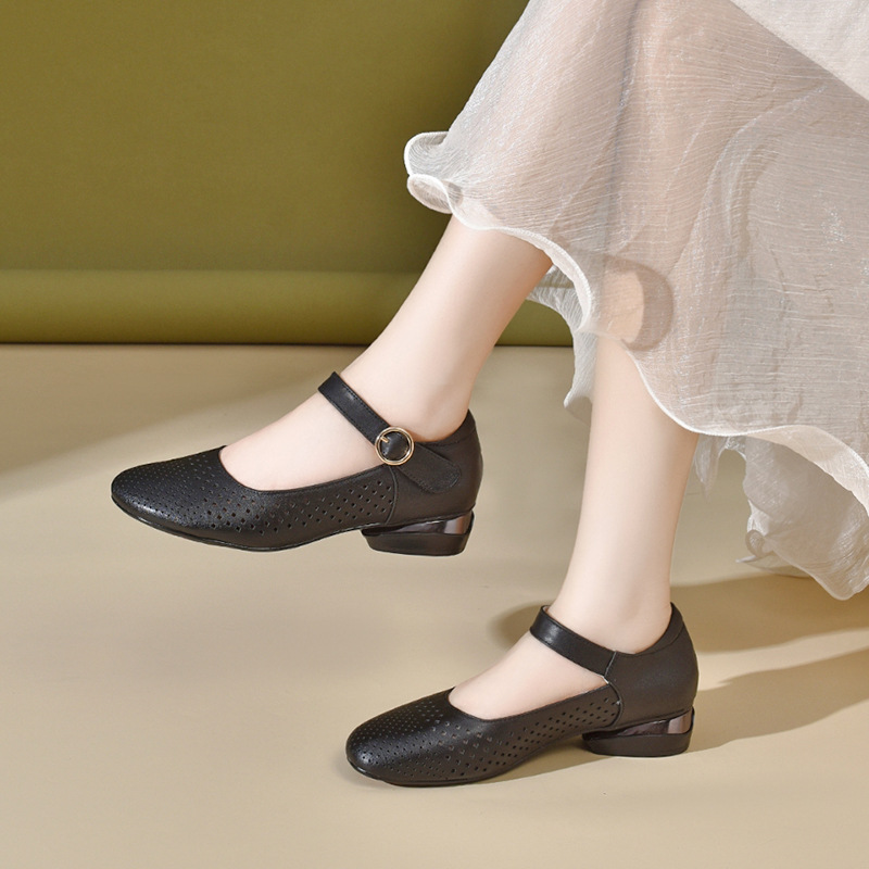 Giày sandal nữ đế xuồng mùa hè da thật thoáng khí mũi tròn bít mũi khoét lỗ — Màu đen