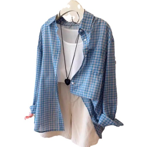 Lazily styled leisure blue checkered women's spring summer autumn new loose matchable long-sleeved sun protection coat top for women