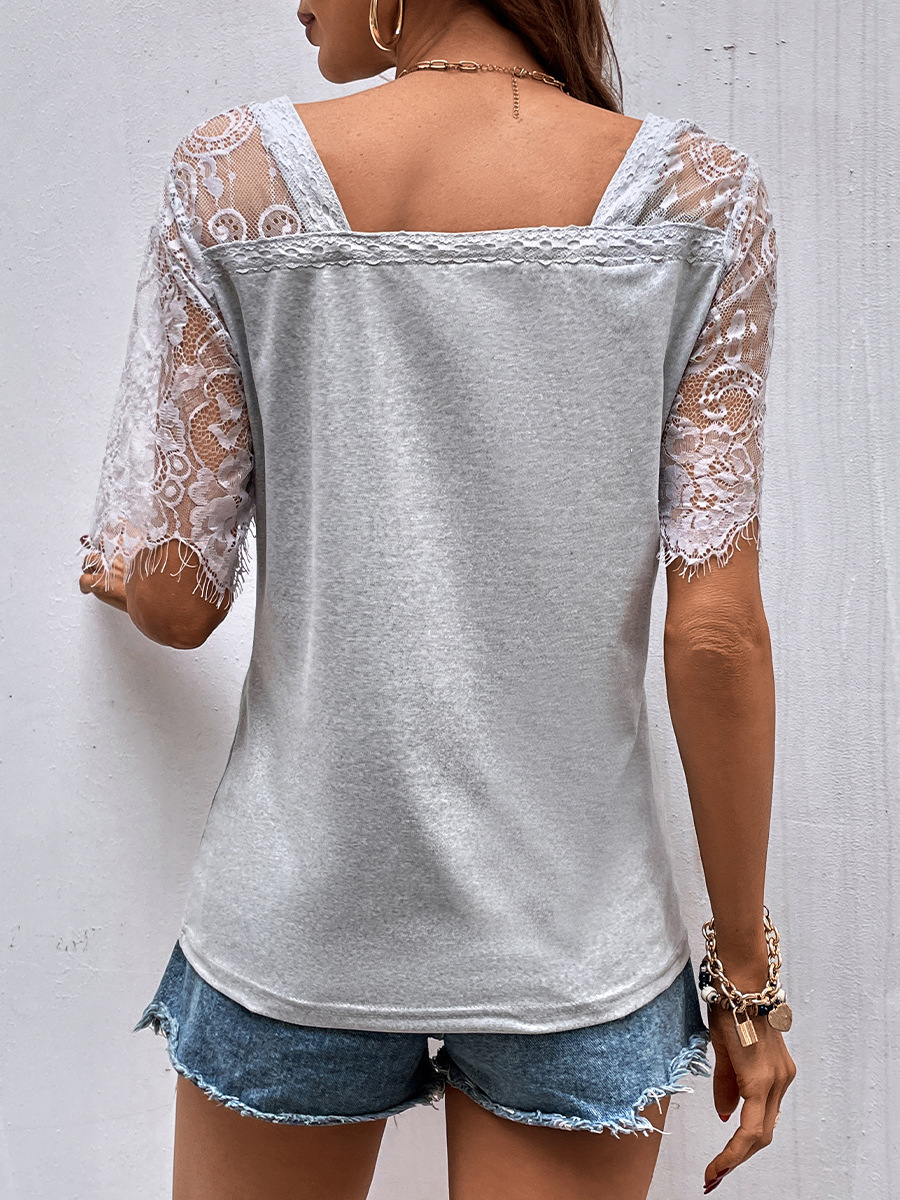 lace short-sleeved loose pullover V-neck T-shirt NSFH128452