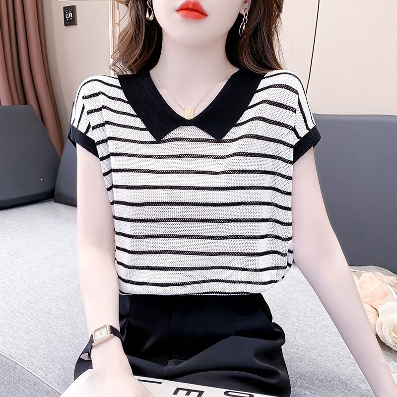 Striped Ice Silk Short-Sleeve T-Shirt for Women, 2026 Summer New Thin Popular High-End Knit Top Blouse