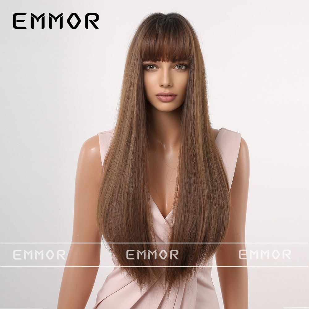 Peluca natural realista de las mujeres flequillo de aire larga recta gradiente de cabello marrón oscuro peluca europea y americana Peluca de cabeza completa peluca