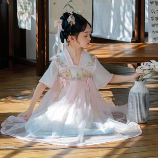 Girls' Hanfu Summer Dress 2025 New Embroidered Children's Gradient Tang Suit Chest-Length Front Closure Dress Children's Hanfu for Girls
