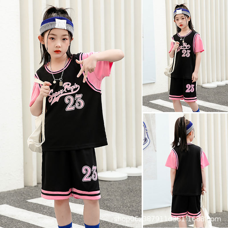 New girls' short-sleeved basketball clothes suit girls' summer quick-drying student training Jersey children's casual sportswear
