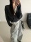 MUYANG 温柔蓝色拼灰背心 绑带假两件针织衫开衫 女假套式毛衣女|undefined