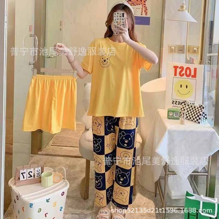 Pajamasクロスボーダー外国貿易工場卸売パジャマ女性半袖ショートパンツ長ズボン三点セット漫画ホームスーツ|undefined