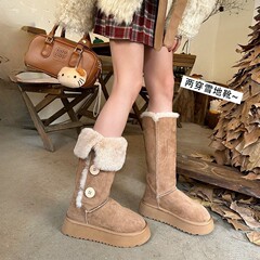 厚底雪地靴女2025冬季新加绒加厚防滑保暖高筒骑士靴东北栗色棉靴
