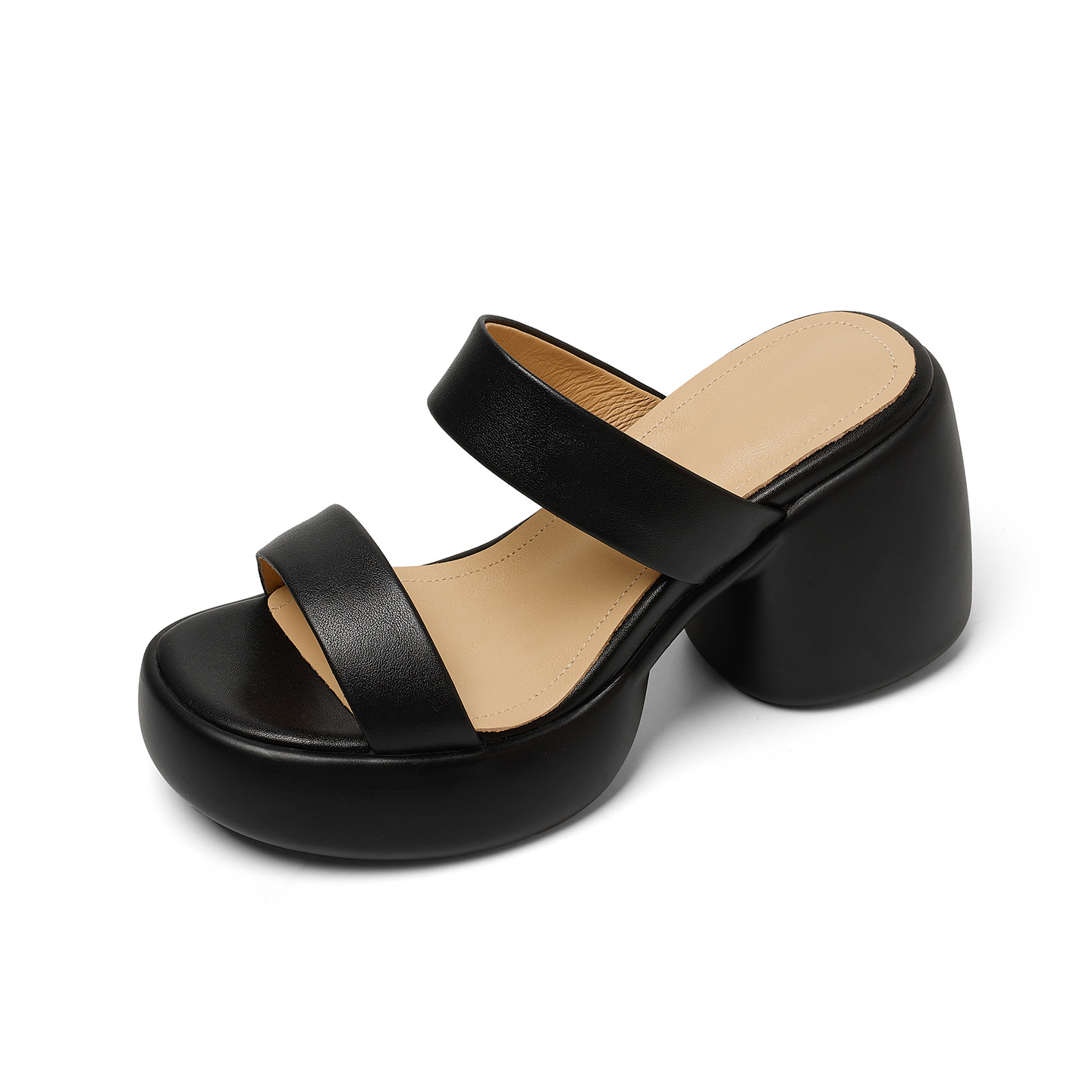 Sandal cao gót nữ quai ngang hở mũi đế xuồng gót vuông 9 cm — màu nâu, màu đen, màu trắng ngà
