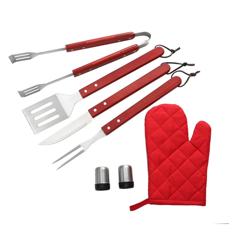 Mango de madera parrilla traje de acero inoxidable delantal herramientas de barbacoa 8 piezas utensilios de barbacoa al aire libre cuchillo y tenedor pala clip Amazon