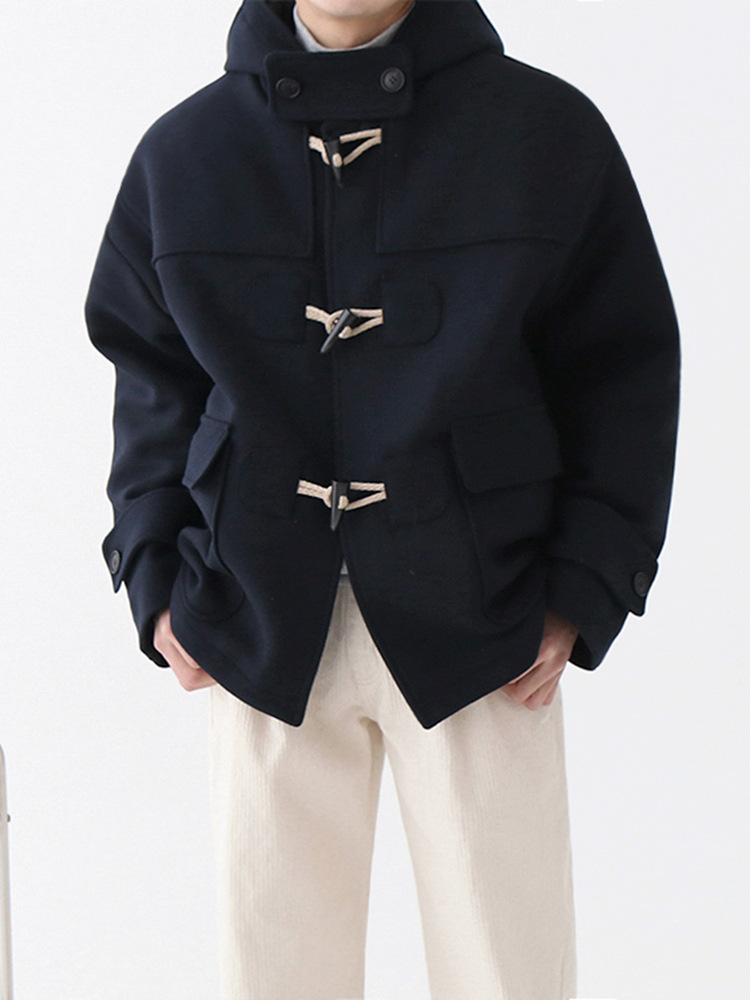 MYQ con capucha abrigo de lana de los hombres otoño e invierno cálido abrigo de algodón acolchado estilo coreano cuerno suelto hebilla abrigo de lana corto image 5