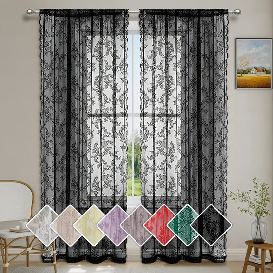 Cross-Border French Lace Window Sheer Curtain Semi-Blackout Lace Curtain Rod Curtain Finished Product Temu In-Stock Dropshipping