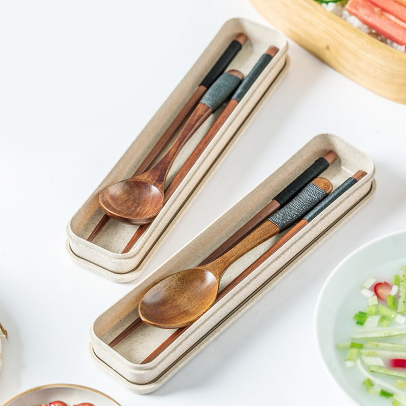 Japanese Portable Tableware Boxed Outdoor Picnic Wooden Spoon Chopsticks Natural Environmentally Friendly Wrapping Wire Chopsticks Spoon suit Ins