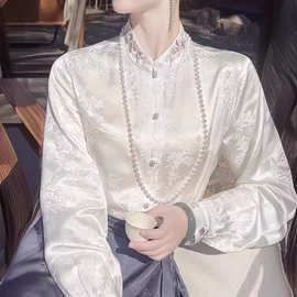 竹与鸟新中式国风衬衫上衣女早春新款重工刺绣提花仿桑蚕丝白衬衣